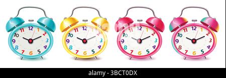 Back to school cute clock vector set design. Back to school with office colorful alarm clock isolated in white background. Stock Vector