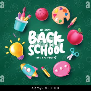 Back to school text vector design. Welcome back to school greeting in chalk board pattern background with  back to school elements. Stock Vector