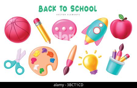 Back to school elements vector set design. Colorful and cute school supplies Vector element  isolated in white background. Vector Illustration. Stock Vector