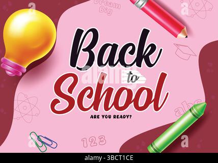 Back to school greeting text in colorful pink and brown abstract background, Back to school greeting text with  educational elements Stock Vector