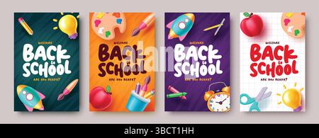 Back to school vector poster set design. Welcome back to school greeting text with back to school colorful vector elements. Vector illustration. Stock Vector