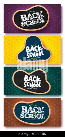 Back to school text vector template banner design. Welcome back to school greeting in black board space with seamless background pattern Stock Vector