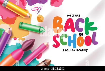 Back to school greeting text clipart banner template. School welcome greeting banner clip art in water color abstract background Stock Vector