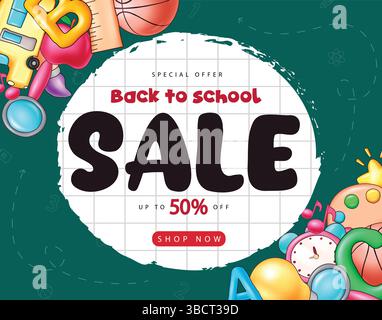 Back to school sale text, Back to school text with doodle educational elements, supplies and items for learning background. Vector illustration Stock Vector