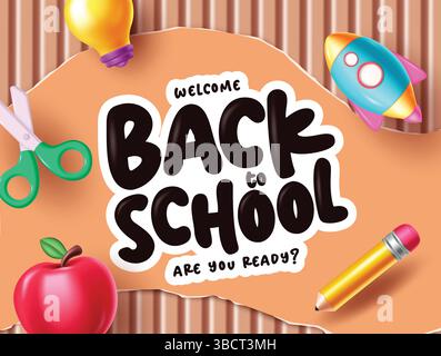 Welcome back to school greeting clipart poster design. School greeting in cardboard background with colorful colorful educational items Stock Vector