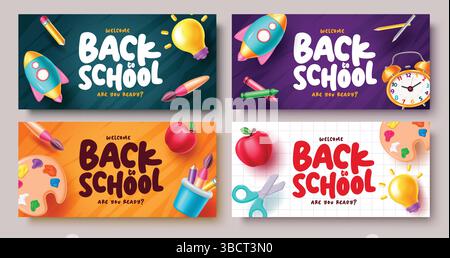 Back to school vector banner set design. Welcome back to school greeting text with back to school colorful vector elements. Vector illustration. Stock Vector
