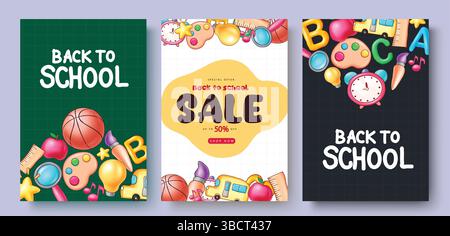 Back to school vector design with back to school elements, Doodle back to school design and sale text, Back to school poster set design Stock Vector
