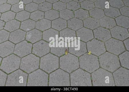 Hexagonal outdoor paving geometric shapes pattern on sidewalk tile. Background texture. Stock Photo