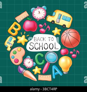 Back to school greeting text with back to school vector elements, Doodle back to school elements with text in chalk board background Stock Vector