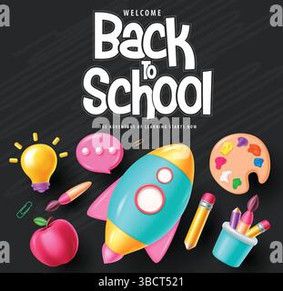 Back to school vector template design. Welcome back to school text with cute vector school elements in blackboard background. Vector illustration Stock Vector