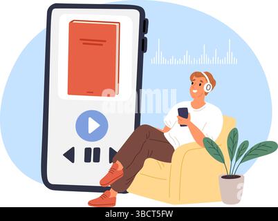Guy in headphones sitting in soft chair and listening to interesting audiobook. Online library application. Man with headset and smartphone. Reading a Stock Vector