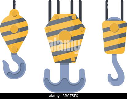 Hooks hoisting cranes different shapes and purposes. Lifting machinery. Construction site. Freight loading. Striped metal hanger. Industrial pulley ca Stock Vector