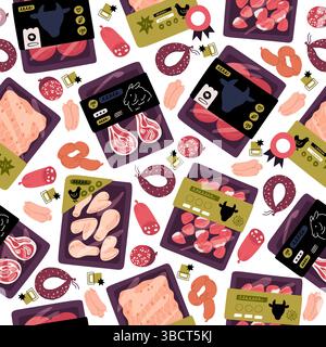Packaged meat products seamless pattern. Food packaging. Plastic tray with sausages or beef fillets. Butcher shop. Wrapping containers. Pork steak. Ch Stock Vector