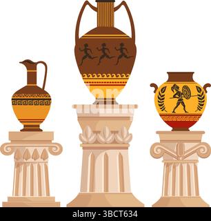 Greek vases stand on pedestal columns in antique museum. Ancient ceramic jugs. Artifact urns. Old clay jars. Marble stone pillars. Antiquity exhibitio Stock Vector