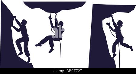 Climbers men and women extreme sports. Alpinist climbing. Rock climb wall. Bouldering training exercise. Mountaineering workout gym. People on safety Stock Vector
