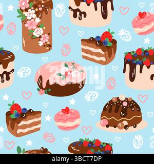 Celebration pies. Holiday pastry seamless pattern. Sweet fruit cakes with berry cream and chocolate glaze. Birthday food. Repeated print. Tasty cupcak Stock Vector