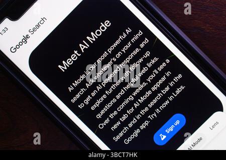 Mexico City, MEXICO - May 21 2025 : Close-up of a mobile phone showing Google Search's AI Mode feature introduction, highlighting new AI search tools. Stock Photo