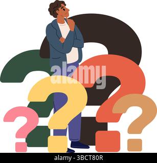 Businessman surrounded by lots questions. Man thinking about problems. Pensive persons with interrogatory marks. Thoughtful guy searching solution and Stock Vector