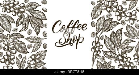 Coffee label design template. Vector sketch vintage illustration. Roasted coffee beans package with hand drawn calligraphic lettering. Plant branches Stock Vector