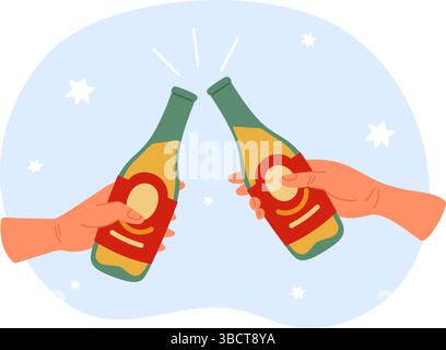 Two hands holding beer bottles. Buddies drink alcohol at bar. Arms clinking ale glasses. Boozer friends toast. Holiday cheers. Pub party. Celebrate ge Stock Vector