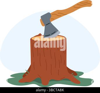 Lumberjacks axe sticking out of wooden stump. Carpentry tool. Woodworking equipment. Wood timber chopping. Tree cutting with ax. Plank woodcutter. For Stock Vector