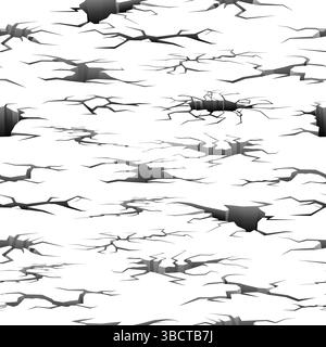 Large and small cracks in ground. Asphalt or dirt road splits seamless pattern. Repeated print. Earthquake damaged surface. Destruction cleft. Land er Stock Vector