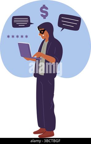 Fraudster and thief working behind laptop. Online crime. Hacker stealing money. Phishing and web password data hacking. Computer network scam. Cyber f Stock Vector