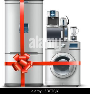 Household appliances. Refrigerator and microwave oven with gift ribbon. Red tied bow. 3D washing machine. Shopping present. Electric kettle or coffee Stock Vector