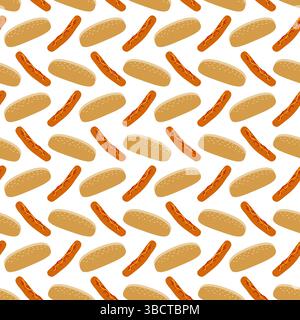Doodle Grilled sausage with mustard and Ketchup and sesame bun Seamless Pattern Fast Food Background. Isolated Vector illustration Fast Food Holidays background, promotional banners, leaflets, labels Stock Vector