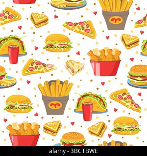 Fast food products seamless pattern. Unhealthy eating. Hamburger with fries potato. Repeated fastfood print. Cola drink. Pizza piece. Sandwiches and c Stock Vector