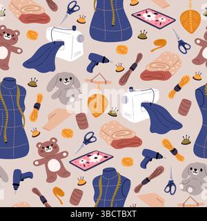 Craft and hobby tools seamless pattern. Sewing machine. Tailors needles and scissors. Fabric threads. Handmade soft toys. Repeated print. Needlework a Stock Vector