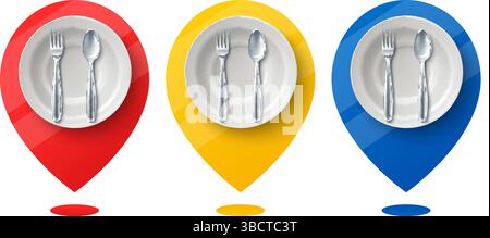 Geo icon with plate and cutlery. fork and spoon on dish. Restaurant location symbol. Realistic tableware. Cafe destination. GPS navigation. Travel dir Stock Vector