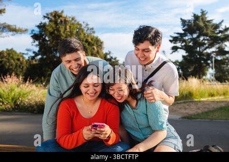 Group of young students using mobile phone in a park Stock Photo