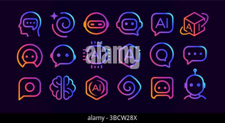 AI technology icon set with brain logo, chip sign, chatbot assistant robot, data. Futuristic smart tech symbols for UI, apps, networks, digital system Stock Vector