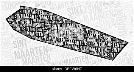 Sint Maarten regions map word cloud. Sint Maarten region names. Black and white map design. Vibrant vector illustration. Stock Vector