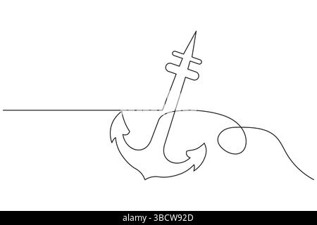 Ship anchor continuous single line art outline vector illustration Stock Vector