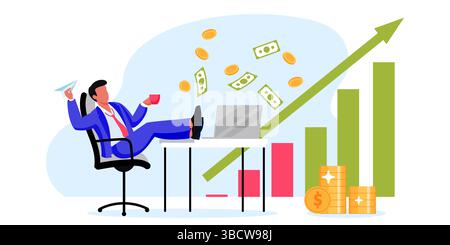 Wealthy, successful investor, passive investment and profit concept. Man sitting in office and looking for growing financial stock market chart, gold Stock Vector