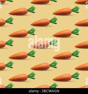 Vector Seamless Pattern With 3D Carrots. Organic Vegetable Wallpaper for Healthy Food Design, Farm Produce, Vegan Decor, Agriculture Background Stock Vector