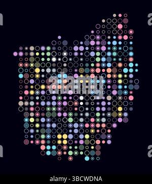 Ohio, shape of the state build of colored cells. Digital style map of the Ohio on dark background. Large size circle blocks. Stock Vector