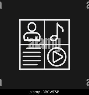 Multimedia Content Icon Vector Simple Outline Illustration of User Profile, Text, Music Note, and Play Button Graphic Stock Vector
