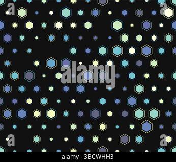 Hexagon geometric shapes background. Multicolored geometric elements of varied sizes. Hexagon mosaic cells with padding and inner solid cells. Stock Vector