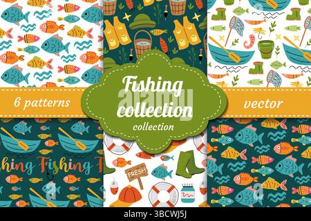 Colorful fishing-themed patterns with fish, boats, hats, boots, nets and accessories. Ideal for kids designs, outdoor decor, camping gear and Stock Vector