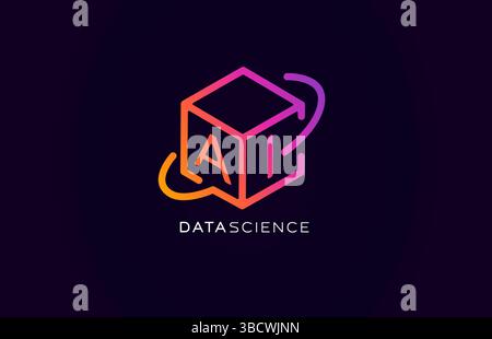 Lines 3D cube, Data science AI logo in futuristic neon style for tech branding, machine learning tools, big data analytics. Modern abstract bigdata Stock Vector