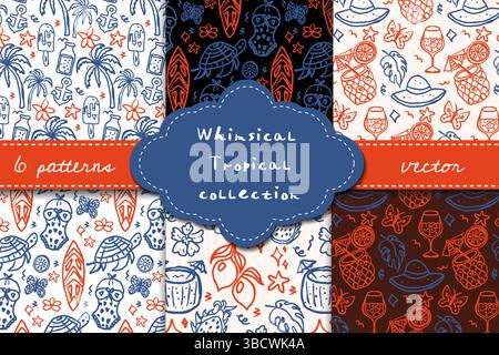Whimsical Tropical Collection. Hand-drawn line art chalk and charcoal tropical vector patterns in whimsical style. Includes palm trees, turtles Stock Vector