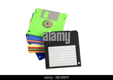 Stack of colorful floppy disks with one labeled black disk in front. Stock Photo