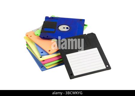 Stack of colorful floppy disks with one labeled black disk in front. Stock Photo