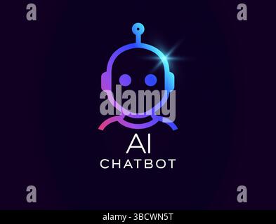 AI chatbot logo with friendly robot avatar, glowing gradient lines, virtual assistant look. Perfect for customer support apps, automation services Stock Vector
