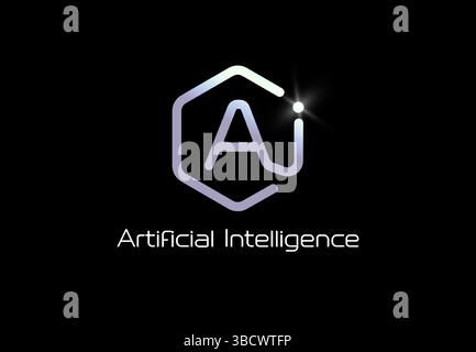 Artificial intelligence logo in hexagon liner shape, glowing tech futuristic style emblem for AI platforms, tech startups, smart software branding Stock Vector