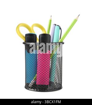 Different stationery in pen holder isolated on white Stock Photo