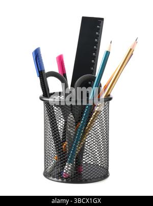 Different stationery in pen holder isolated on white Stock Photo